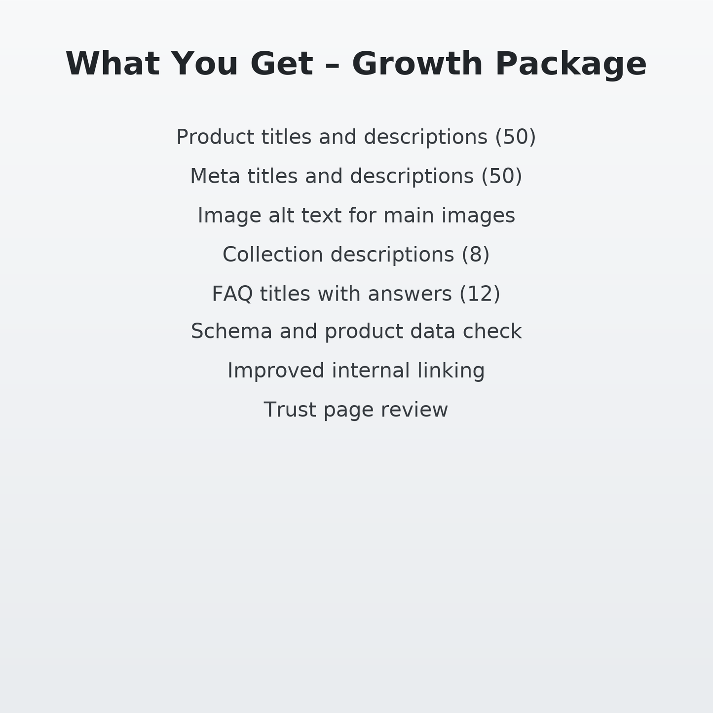 List of items included in a 'Growth Package' on a white background