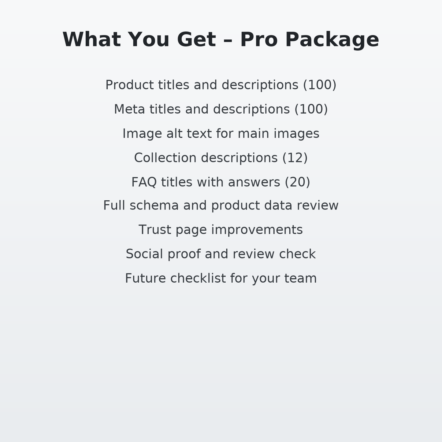 List of items included in a Pro Package on a white background
