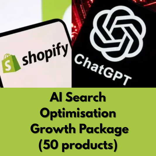Collage of Shopify and ChatGPT logos with text about AI search optimization growth package fom Ecomafy SEO services.