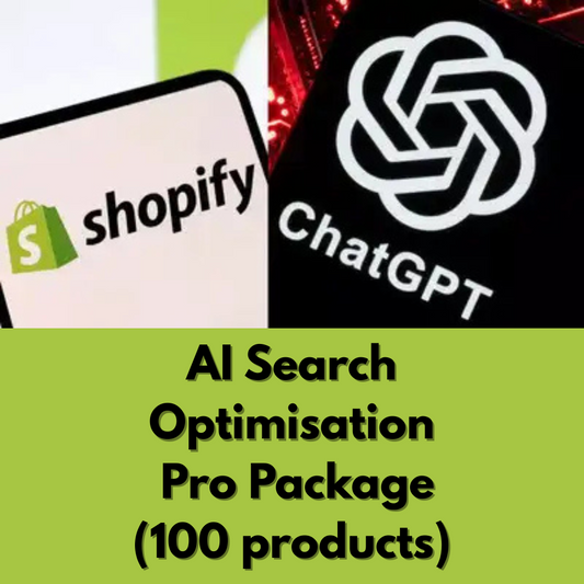 Collage of Shopify and ChatGPT logos with text about AI search optimization pro package from Ecomafy.